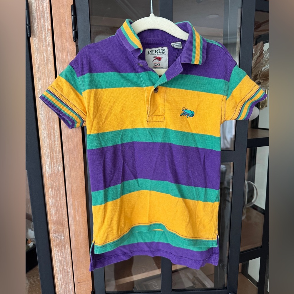 Perlis Signature Crawfish Mardi Gras Stripe Pique Polo short sleeve embroidered